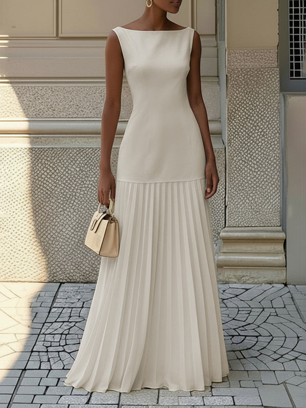 Women's lightweight pleated gauze maxi dress | Elegant boat neck evening gown 2