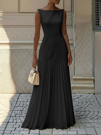 Women's lightweight pleated gauze maxi dress | Elegant boat neck evening gown 4
