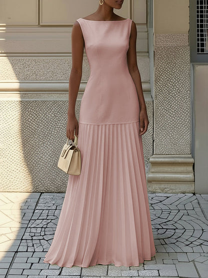 Women's lightweight pleated gauze maxi dress | Elegant boat neck evening gown 5