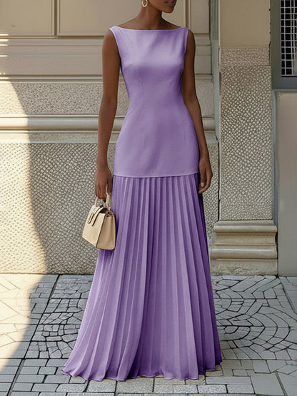 Women's lightweight pleated gauze maxi dress | Elegant boat neck evening gown 6