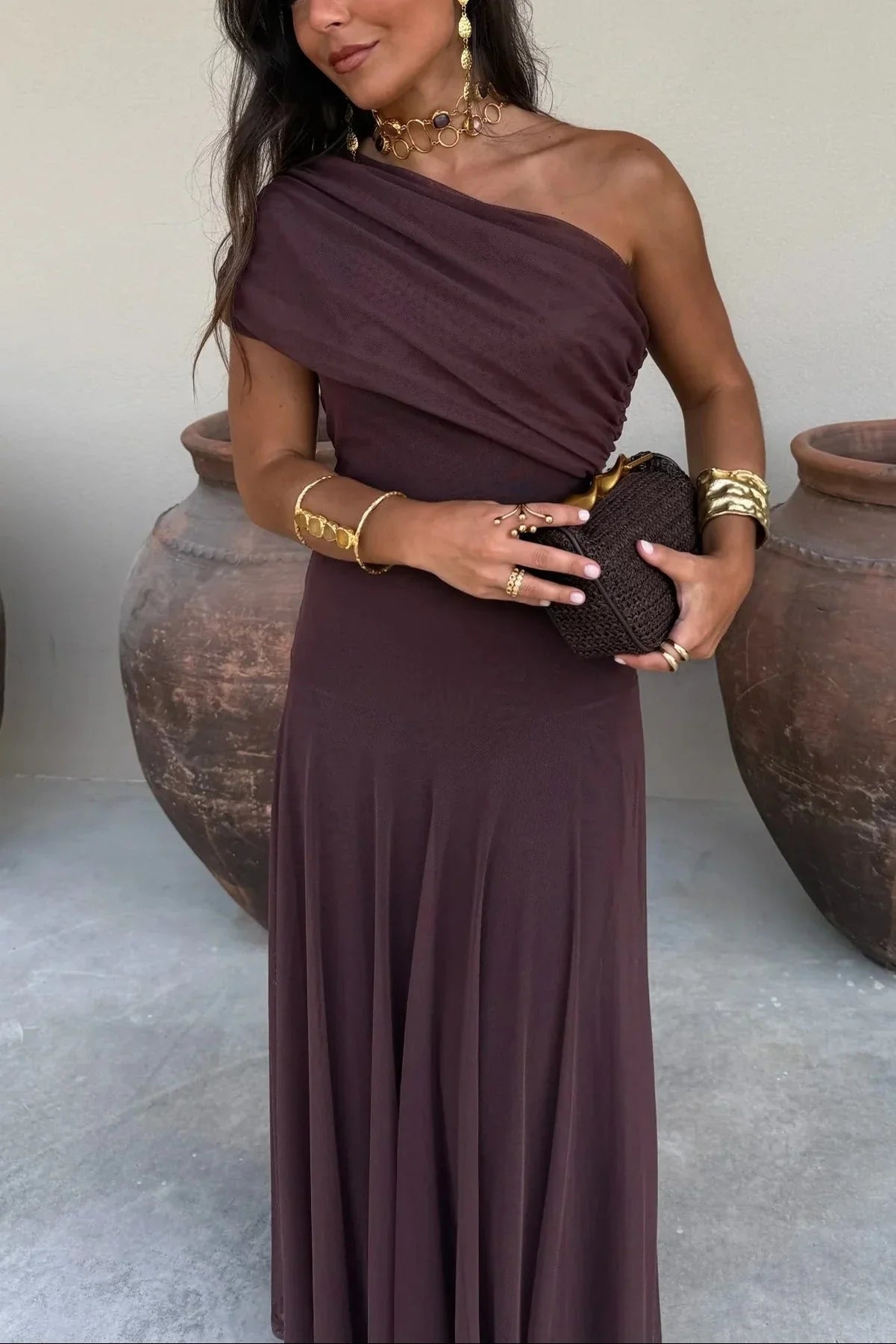 Women's lightweight pleated summer maxi dress | Elegant one-shoulder long dress 0