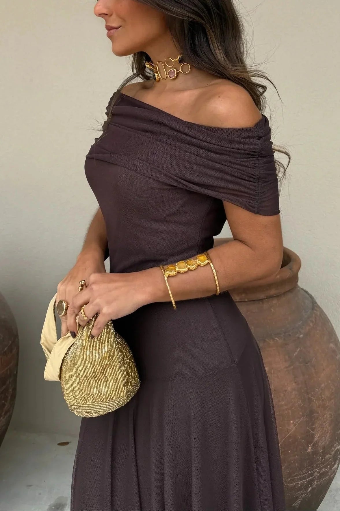 Women's lightweight pleated summer maxi dress | Elegant one-shoulder long dress 2