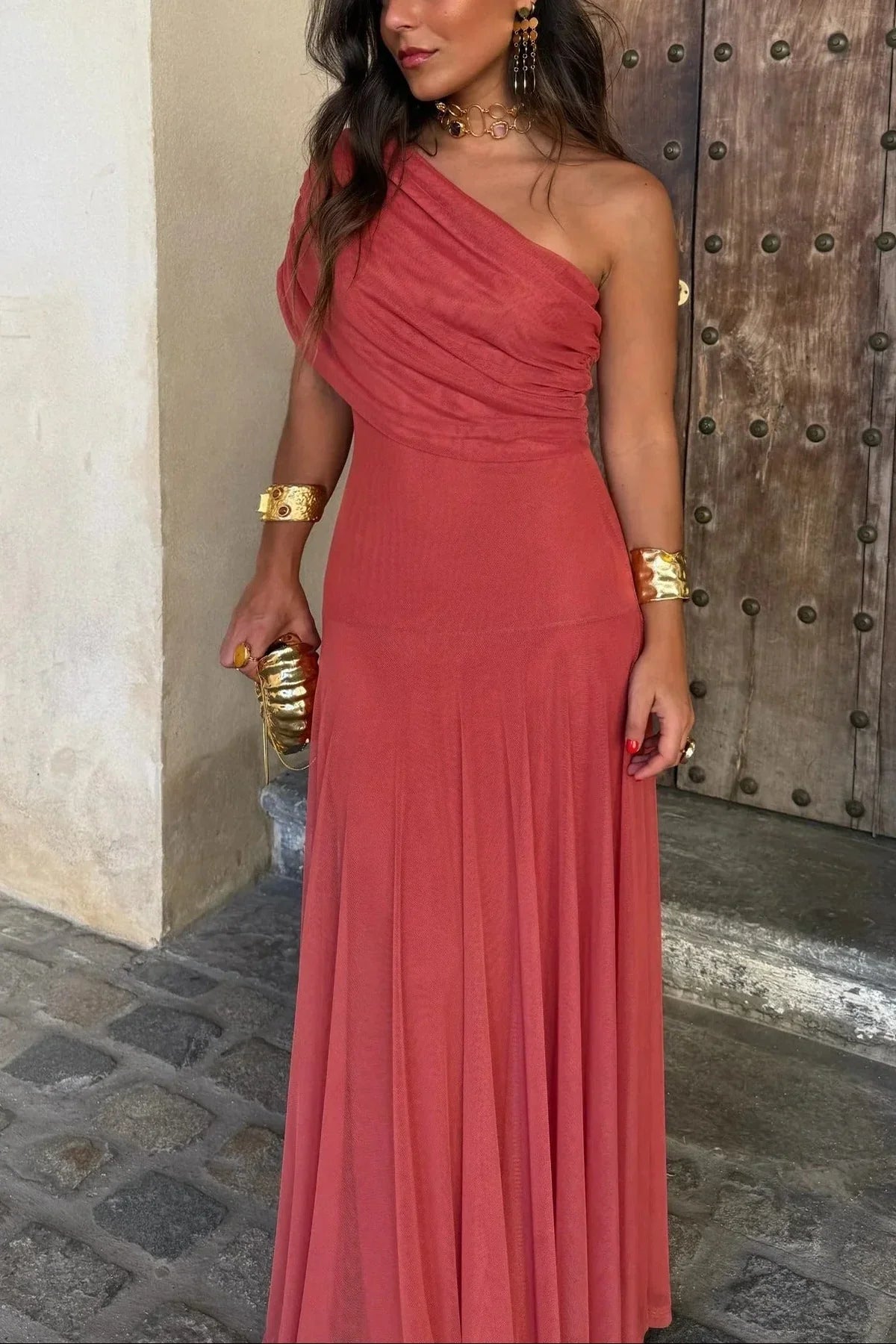 Women's lightweight pleated summer maxi dress | Elegant one-shoulder long dress 4