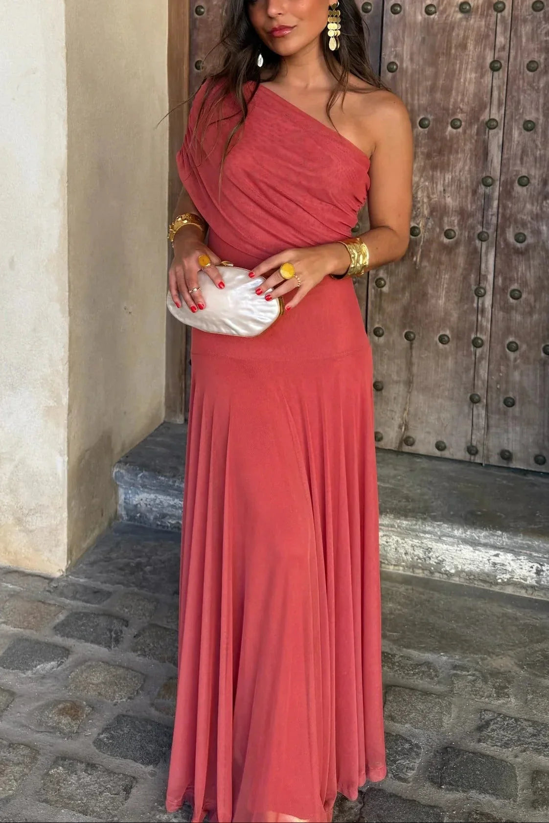 Women's lightweight pleated summer maxi dress | Elegant one-shoulder long dress 5
