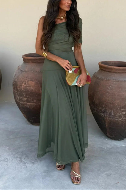 Women's lightweight pleated summer maxi dress | Elegant one-shoulder long dress 9