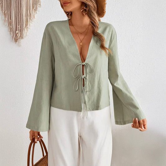 Women's lightweight polyester blend blouse | Flared sleeve summer top with tie-front detail 0