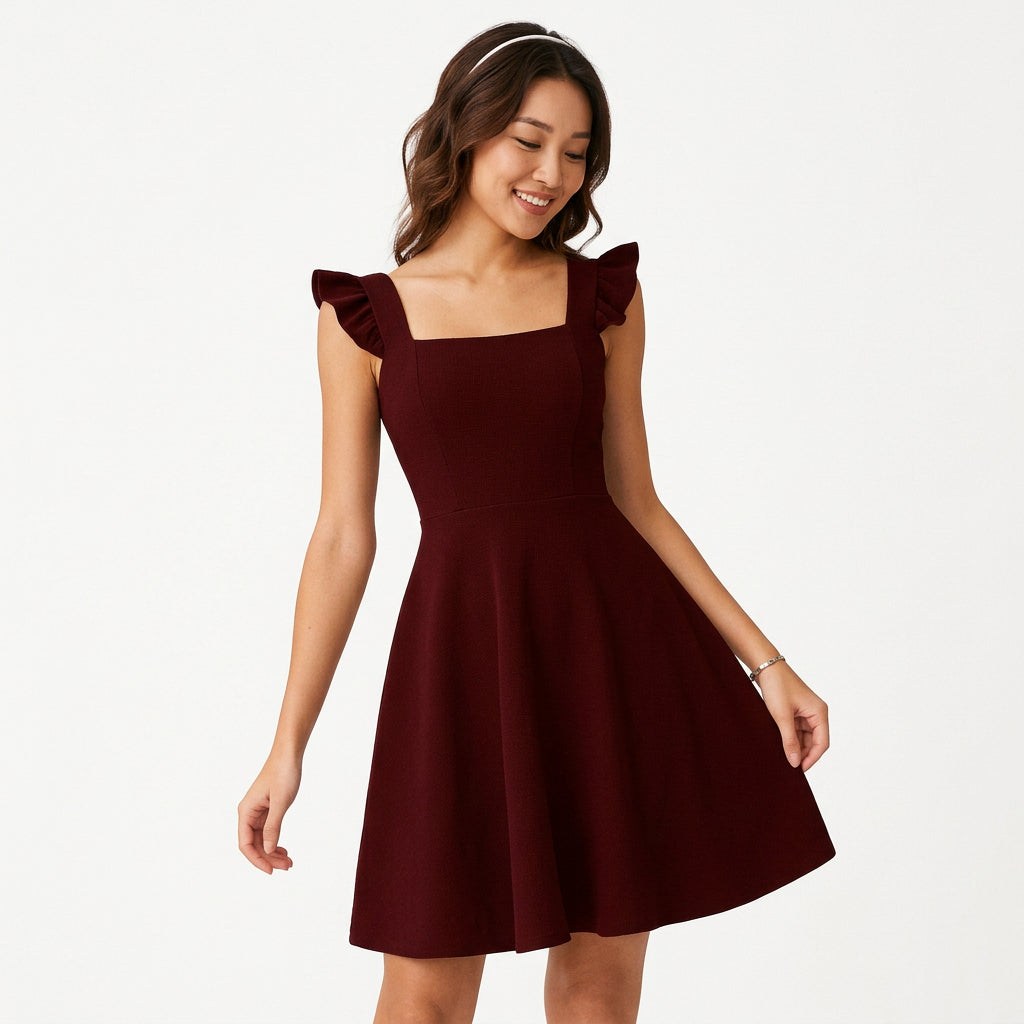 Women's lightweight ruffle strap mini dress | Flattering fit and flare summer style 0