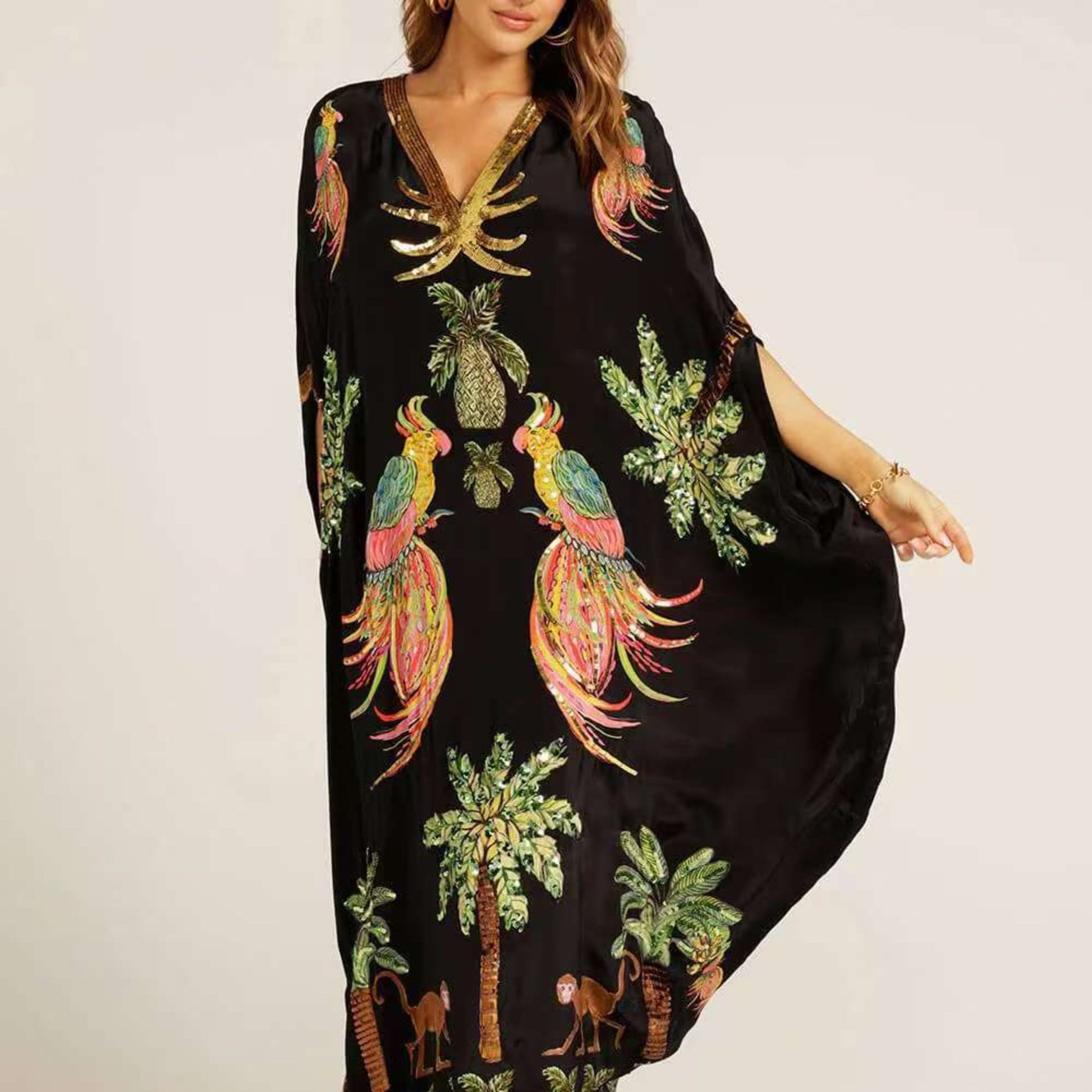 Women's lightweight tropical print kaftan dress | Loose fit ankle-length summer dress 2