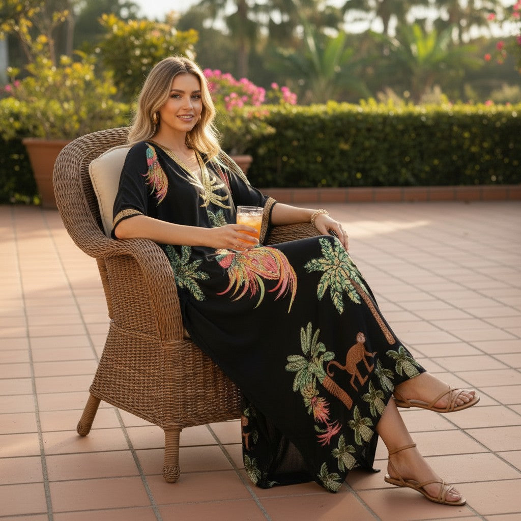 Women's lightweight tropical print kaftan dress | Loose fit ankle-length summer dress 4