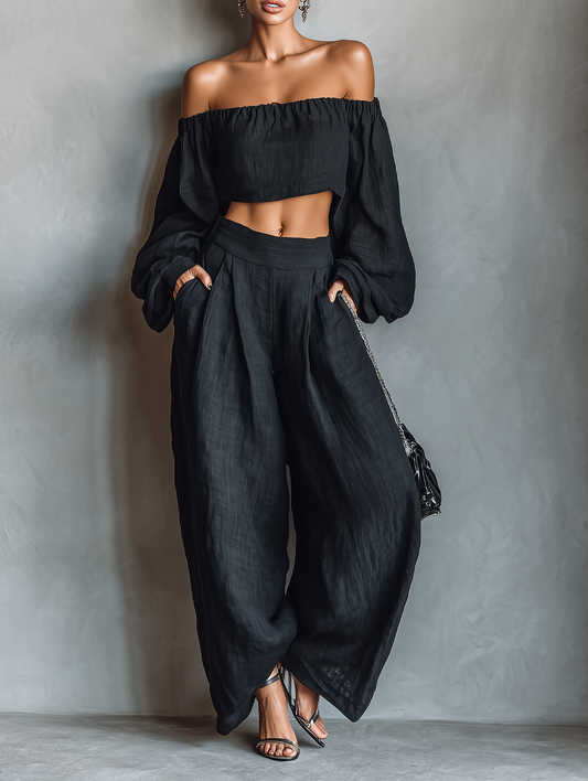 Women's linen blend strapless blouse and wide-leg pants set | Elegant summer two-piece outfit 0