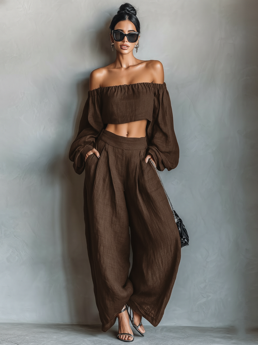 Women's linen blend strapless blouse and wide-leg pants set | Elegant summer two-piece outfit 1