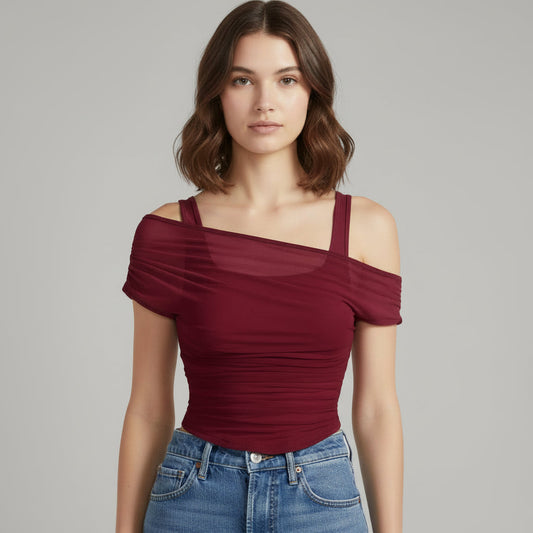 Women's mesh ruched off-the-shoulder crop top | Stylish summer blouse for social gatherings 0