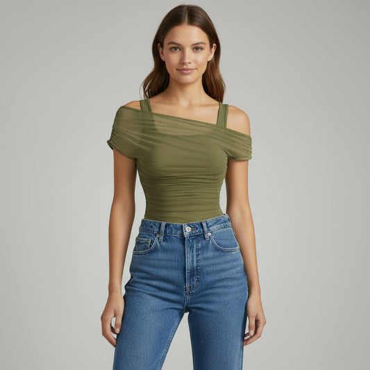 Women's mesh ruched off-the-shoulder crop top | Stylish summer blouse for social gatherings 1