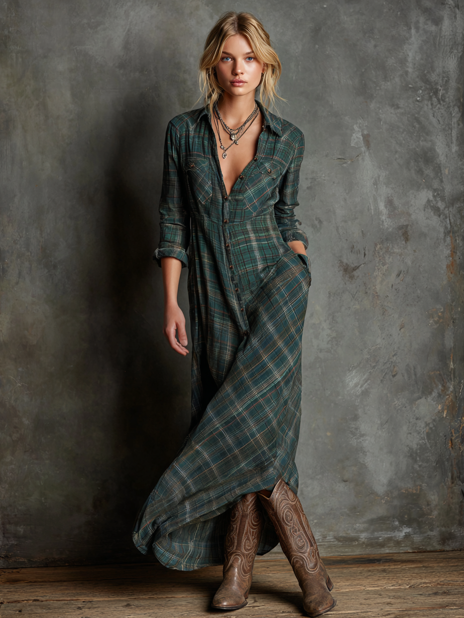 Women's plaid cotton blend maxi dress | Chic shirt style for spring and summer 1