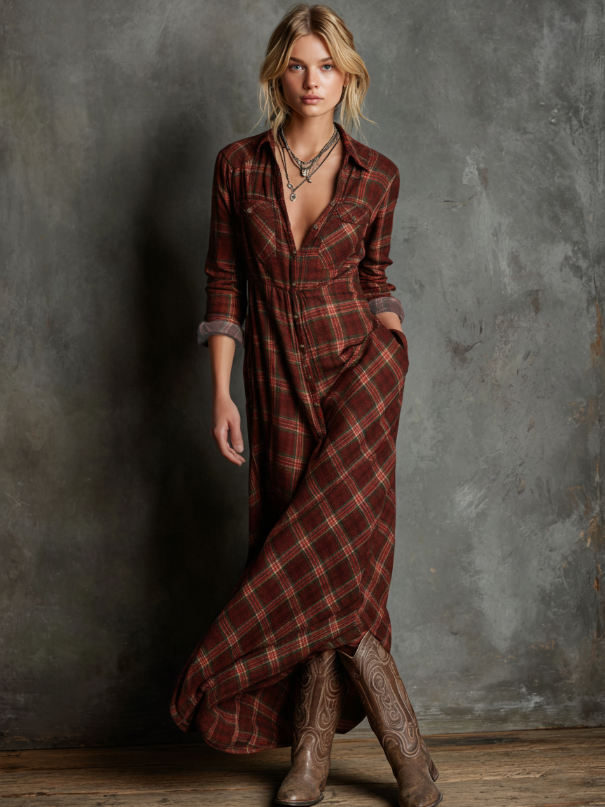 Women's plaid cotton blend maxi dress | Chic shirt style for spring and summer 2