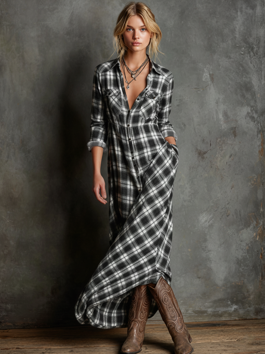 Women's plaid cotton blend maxi dress | Chic shirt style for spring and summer 4