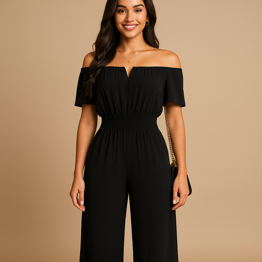 Women's pleated off-shoulder jumpsuit | Elegant summer outfit in black and white 0