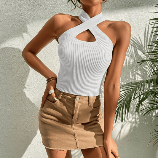 Women's ribbed knit halter crop top | Stylish sleeveless summer going out top 0