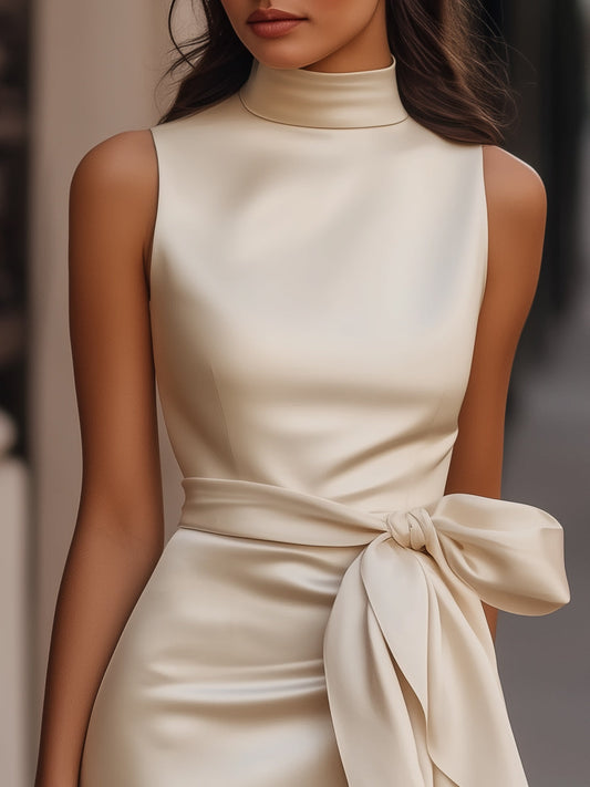 Women's satin sleeveless mini dress | Elegant cocktail dress with ruffled bow detail 1