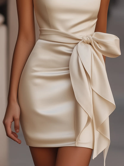 Women's satin sleeveless mini dress | Elegant cocktail dress with ruffled bow detail 2