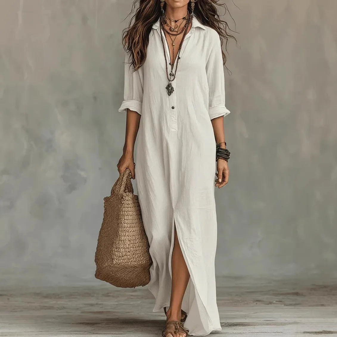 Women's soft cotton ankle-length summer dress | Relaxed three-quarter sleeve shirt dress 0