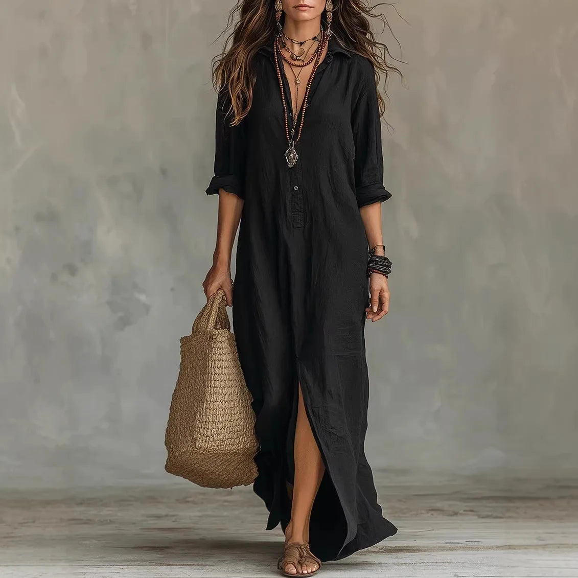 Women's soft cotton ankle-length summer dress | Relaxed three-quarter sleeve shirt dress 1