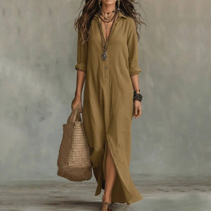 Women's soft cotton ankle-length summer dress | Relaxed three-quarter sleeve shirt dress 4