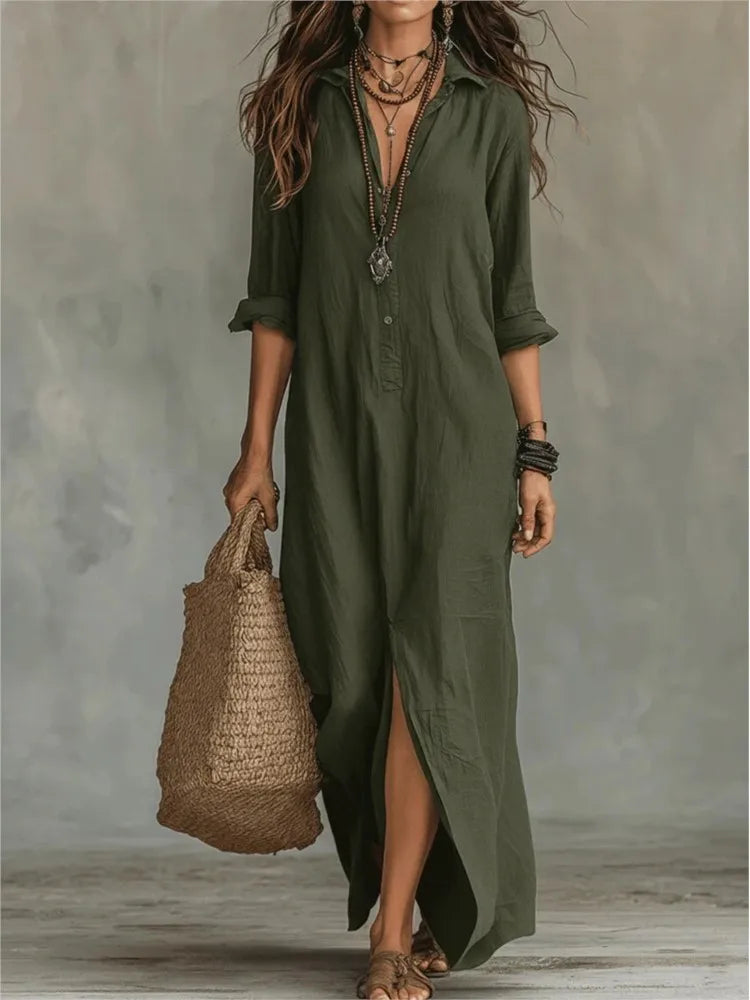 Women's soft cotton ankle-length summer dress | Relaxed three-quarter sleeve shirt dress 5