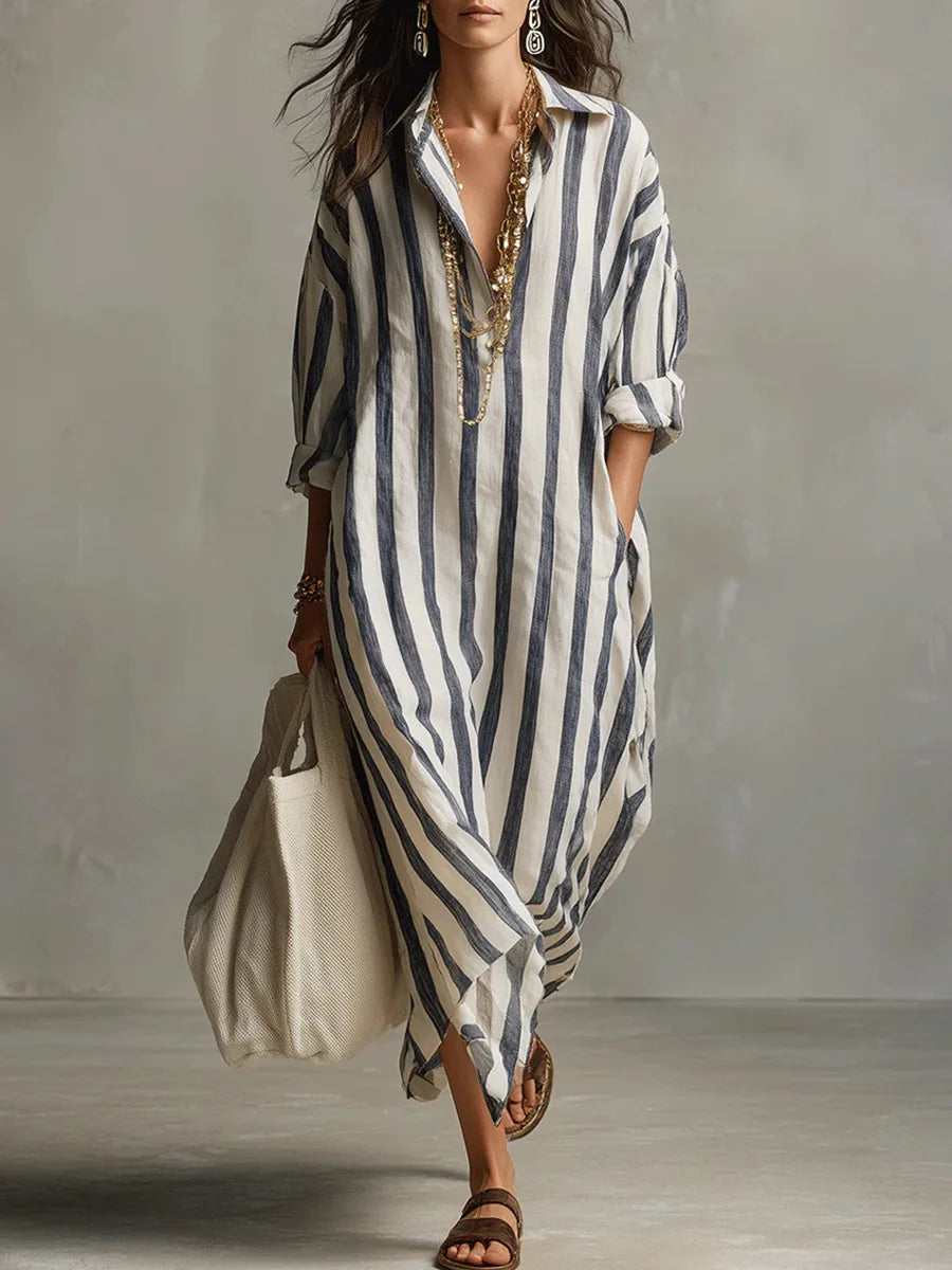 Women's striped linen blend shirt dress | Casual three-quarter sleeve summer dress 0