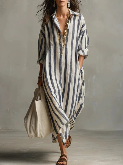Women's striped linen blend shirt dress | Casual three-quarter sleeve summer dress 0
