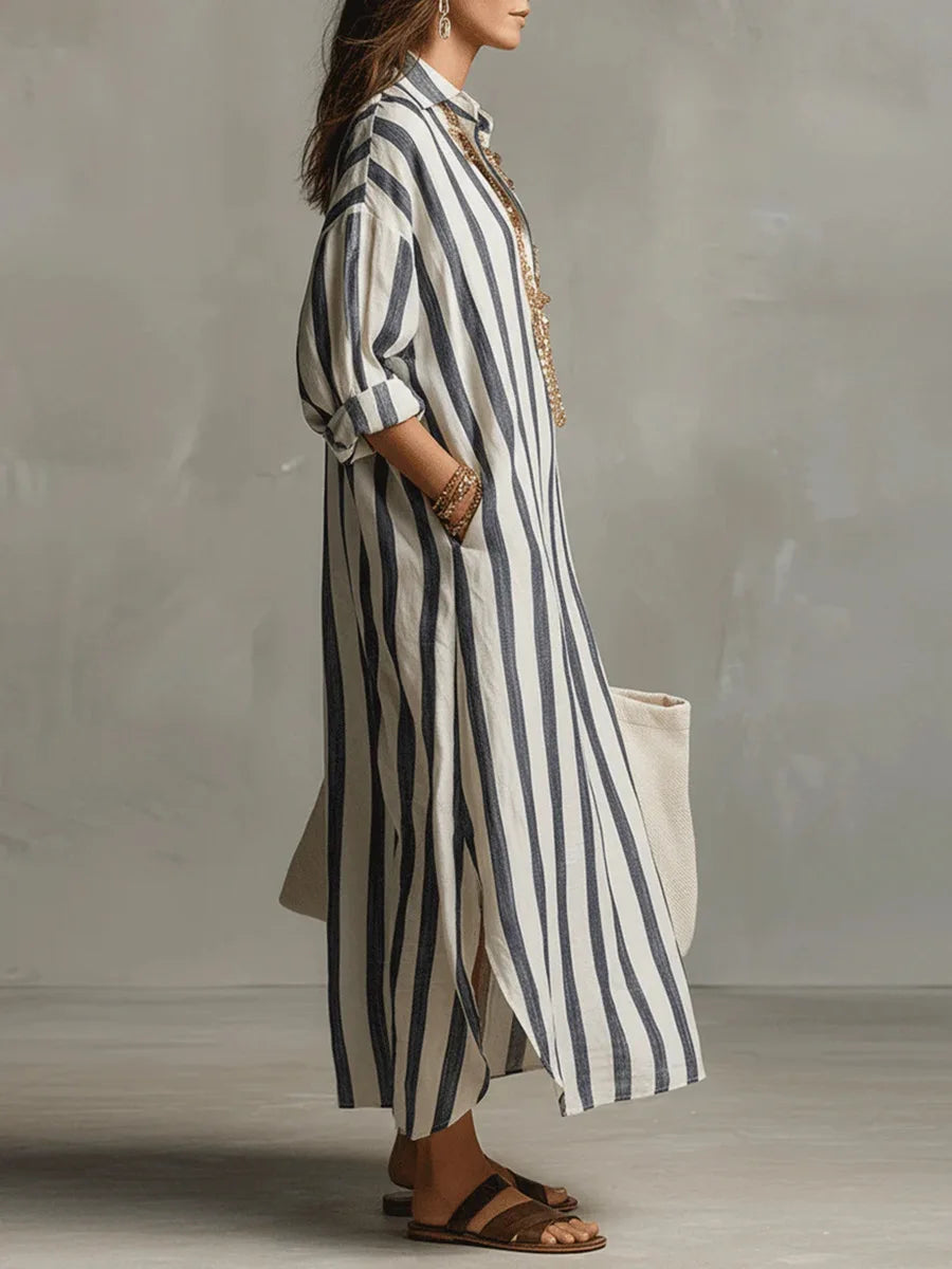 Women's striped linen blend shirt dress | Casual three-quarter sleeve summer dress 1