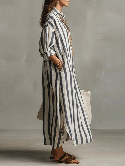 Women's striped linen blend shirt dress | Casual three-quarter sleeve summer dress 1