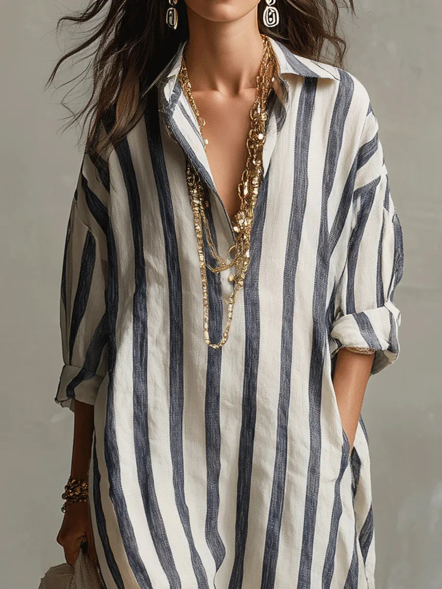 Women's striped linen blend shirt dress | Casual three-quarter sleeve summer dress 2