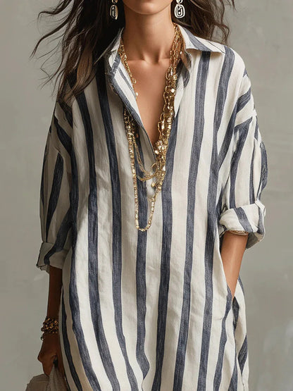 Women's striped linen blend shirt dress | Casual three-quarter sleeve summer dress 2