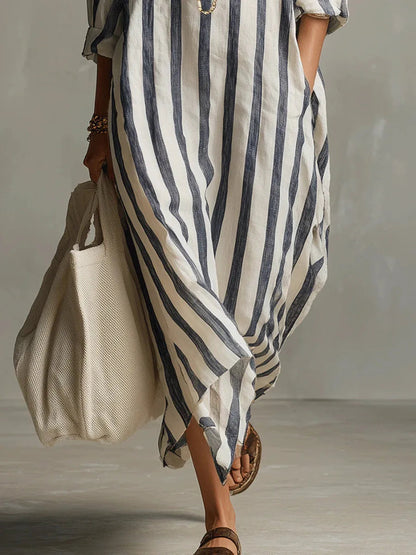 Women's striped linen blend shirt dress | Casual three-quarter sleeve summer dress 3