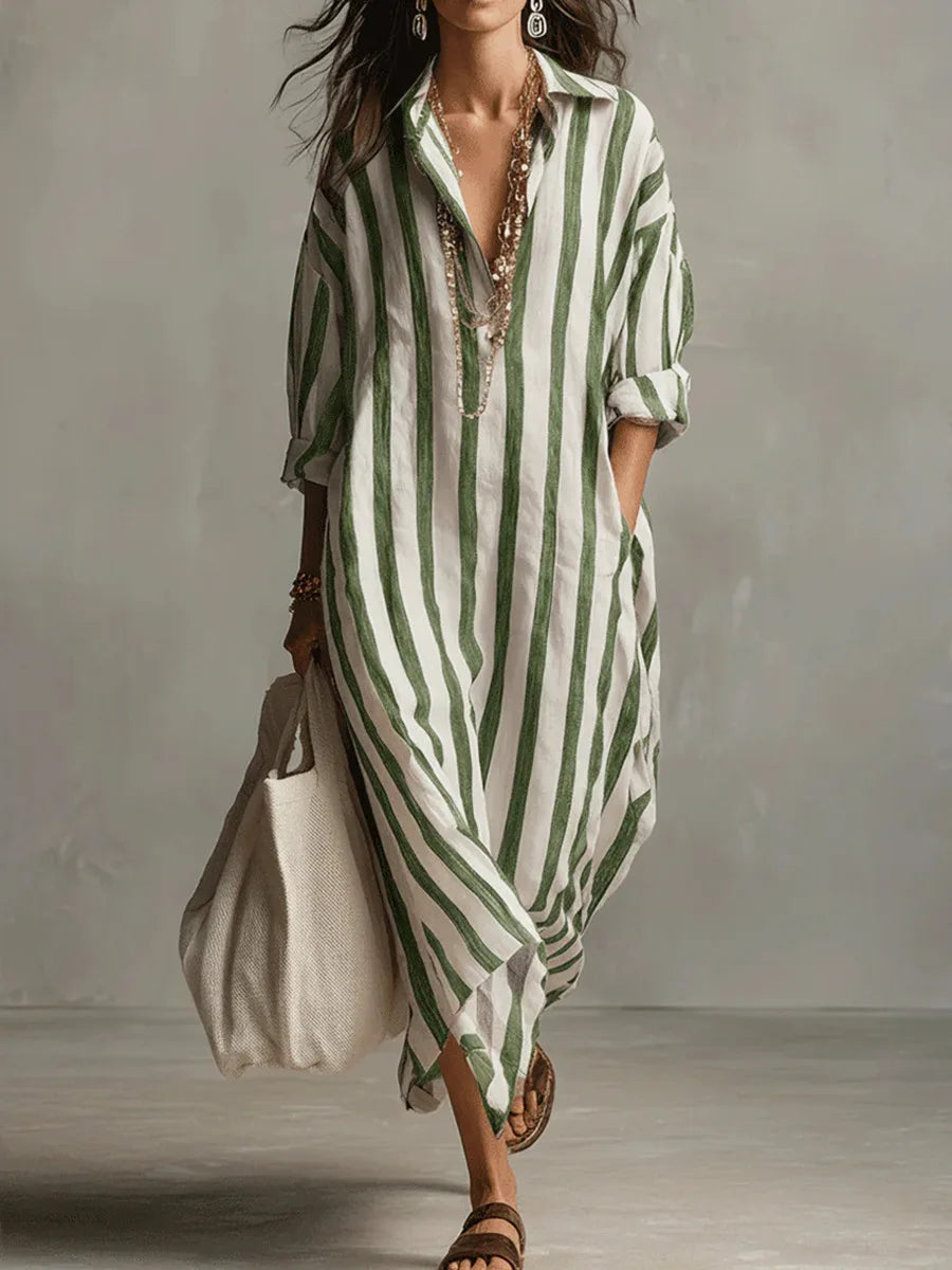 Women's striped linen blend shirt dress | Casual three-quarter sleeve summer dress 4