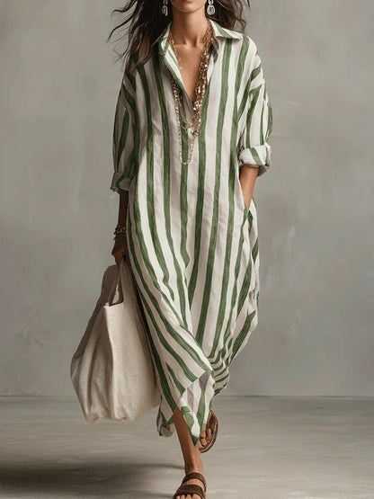 Women's striped linen blend shirt dress | Casual three-quarter sleeve summer dress 4