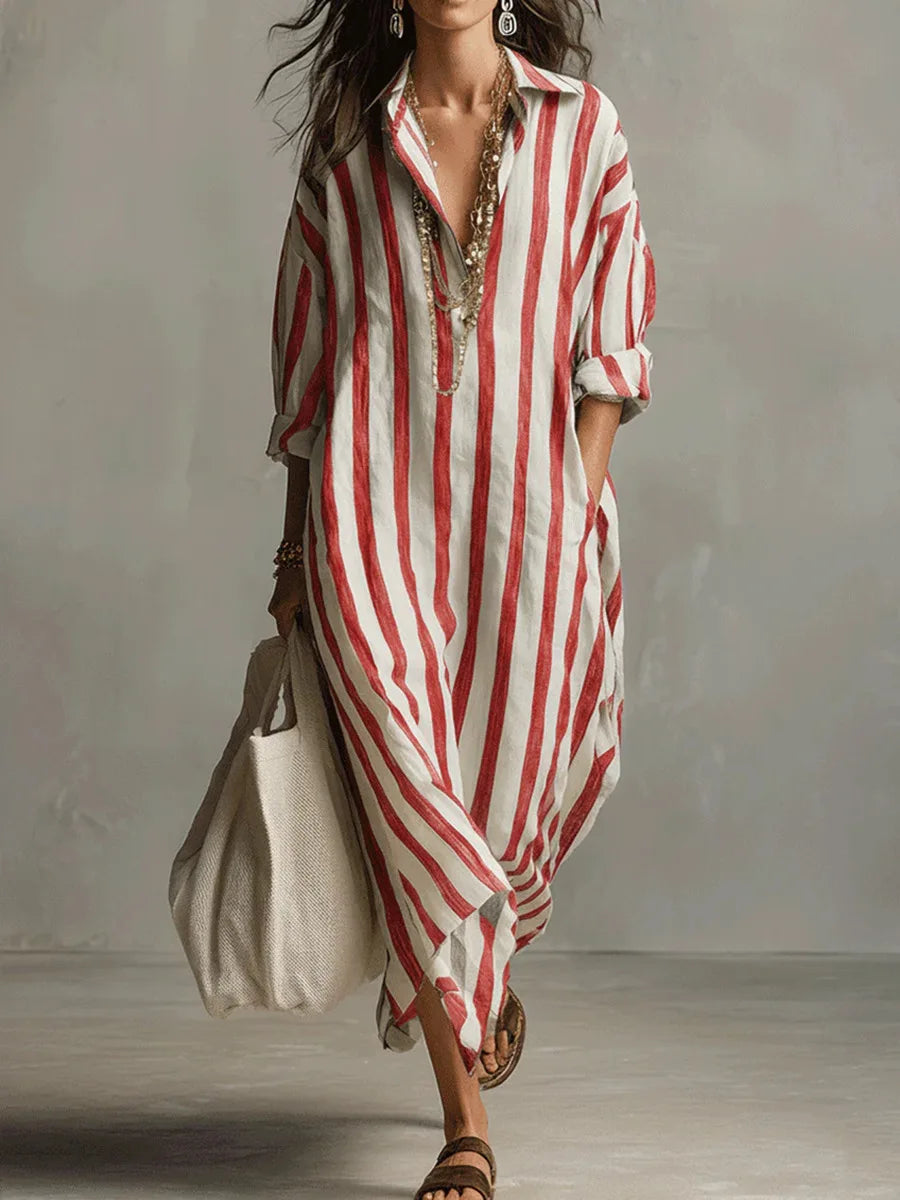 Women's striped linen blend shirt dress | Casual three-quarter sleeve summer dress 5
