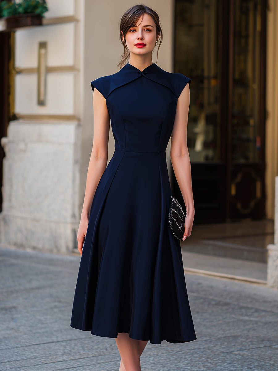 Women's structured textile A-line midi dress | Elegant cap-sleeve formal dress 1