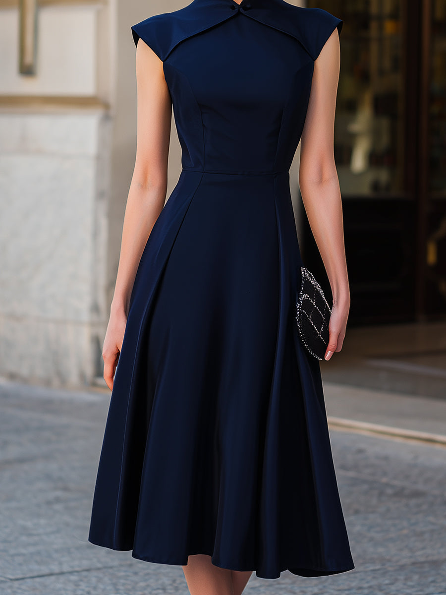 Women's structured textile A-line midi dress | Elegant cap-sleeve formal dress 2