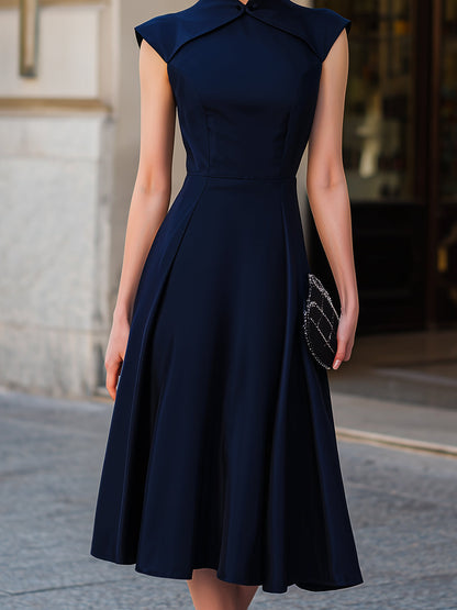 Women's structured textile A-line midi dress | Elegant cap-sleeve formal dress 2