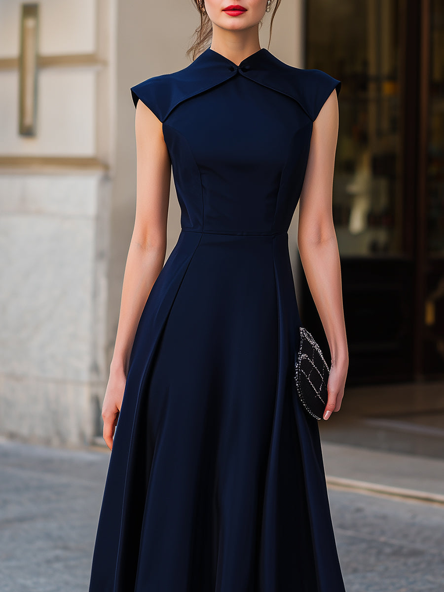 Women's structured textile A-line midi dress | Elegant cap-sleeve formal dress 3