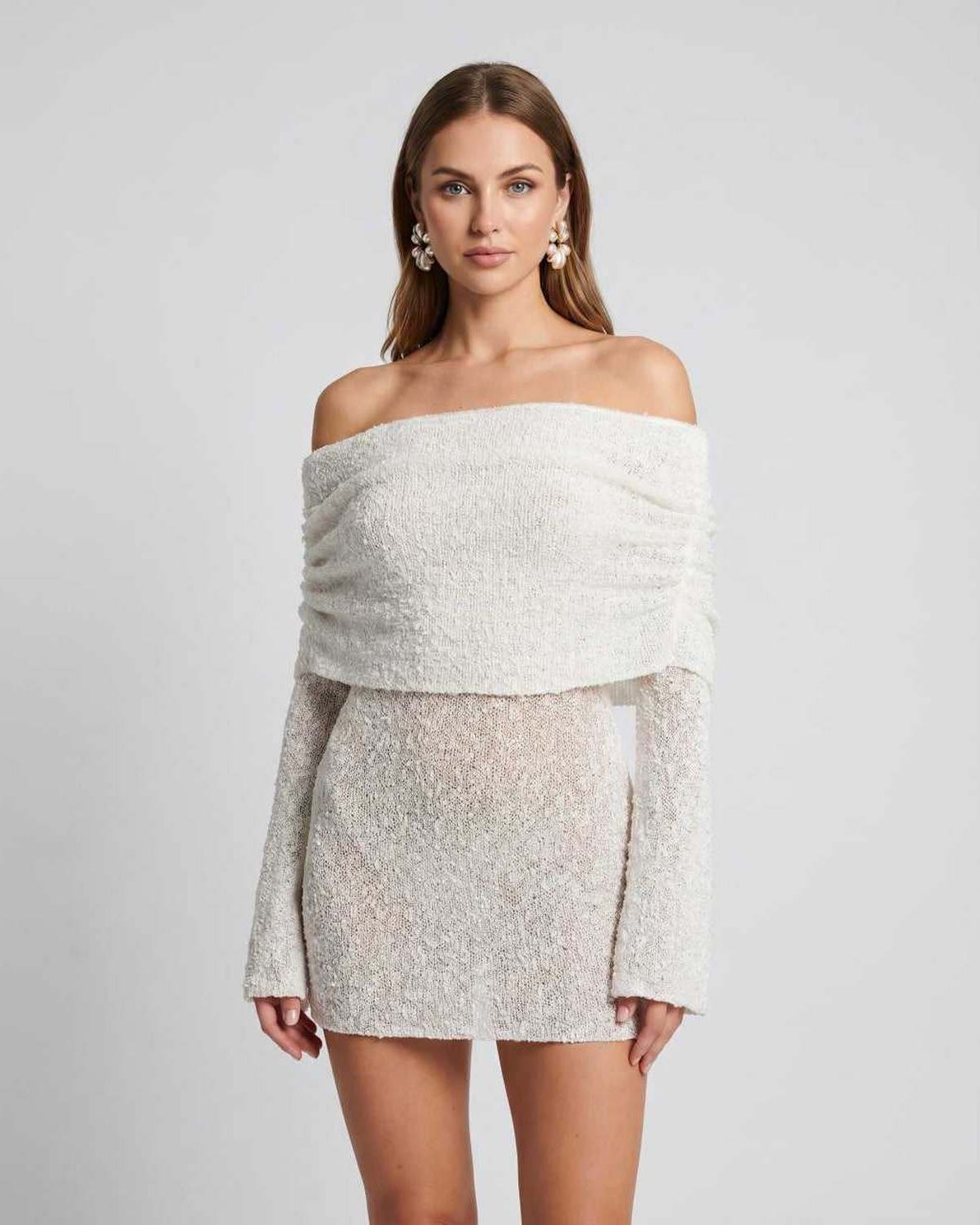 Women's textured knit off-shoulder mini dress | Stylish summer cocktail dress 0