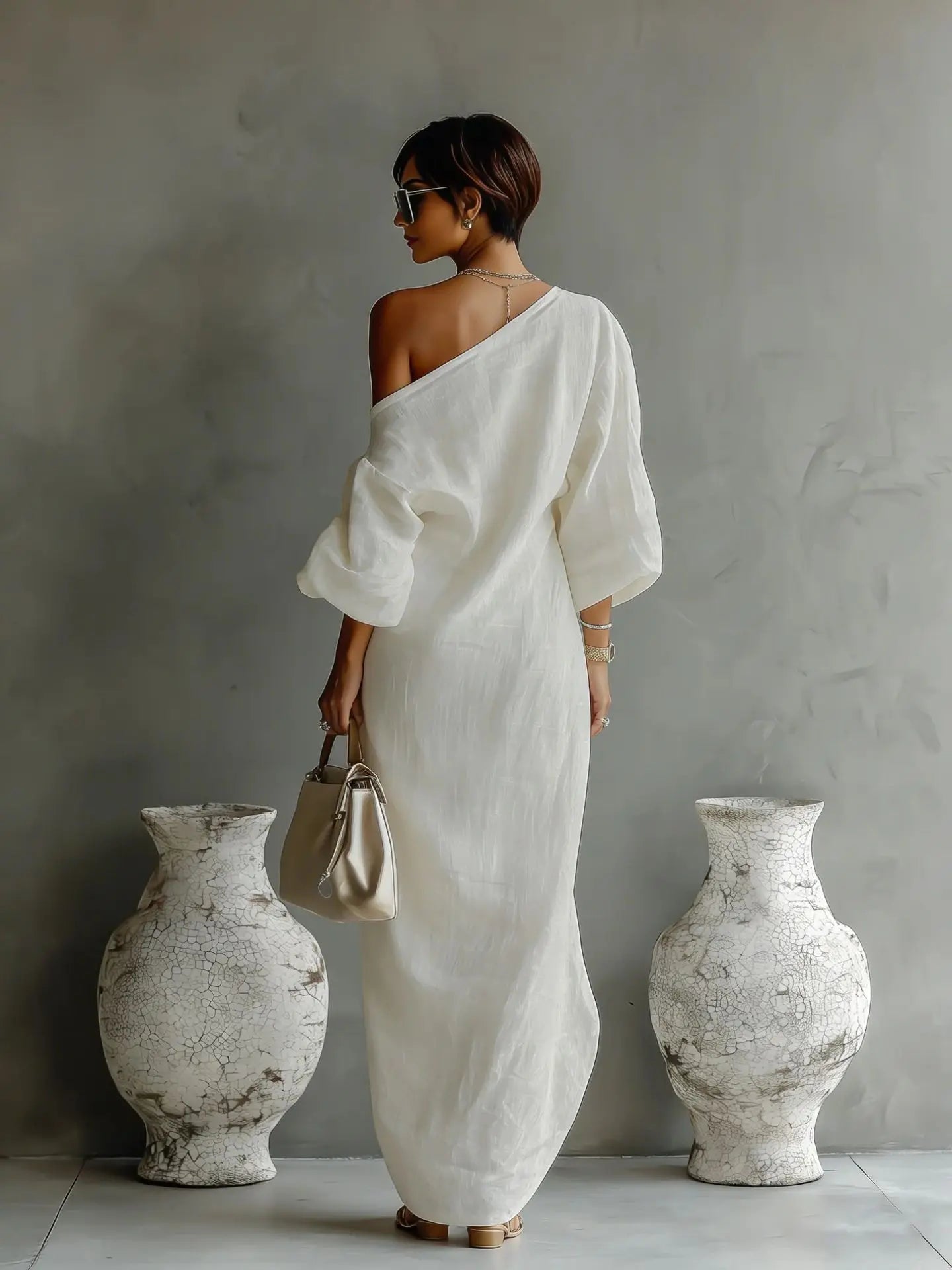 Women's textured linen one-shoulder dress | Relaxed fit asymmetrical summer dress 2