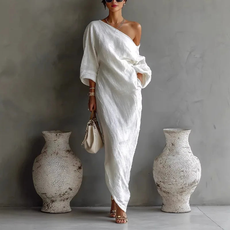 Women's textured linen one-shoulder dress | Stylish asymmetrical summer dress 0
