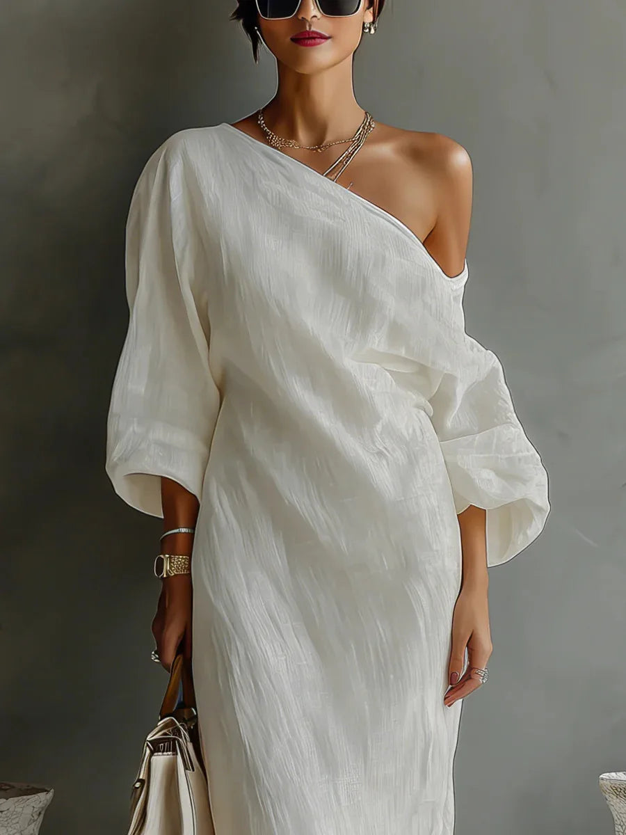 Women's textured linen one-shoulder dress | Stylish asymmetrical summer dress 1