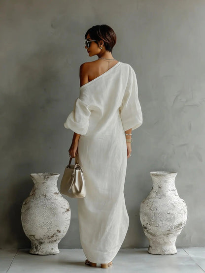 Women's textured linen one-shoulder dress | Stylish asymmetrical summer dress 2
