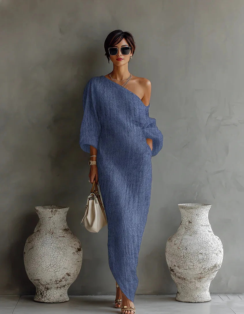 Women's textured linen one-shoulder dress | Stylish asymmetrical summer dress 4