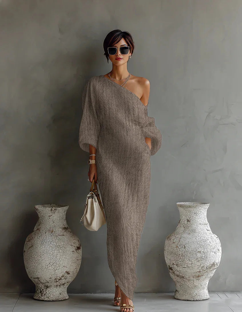 Women's textured linen one-shoulder dress | Stylish asymmetrical summer dress 5