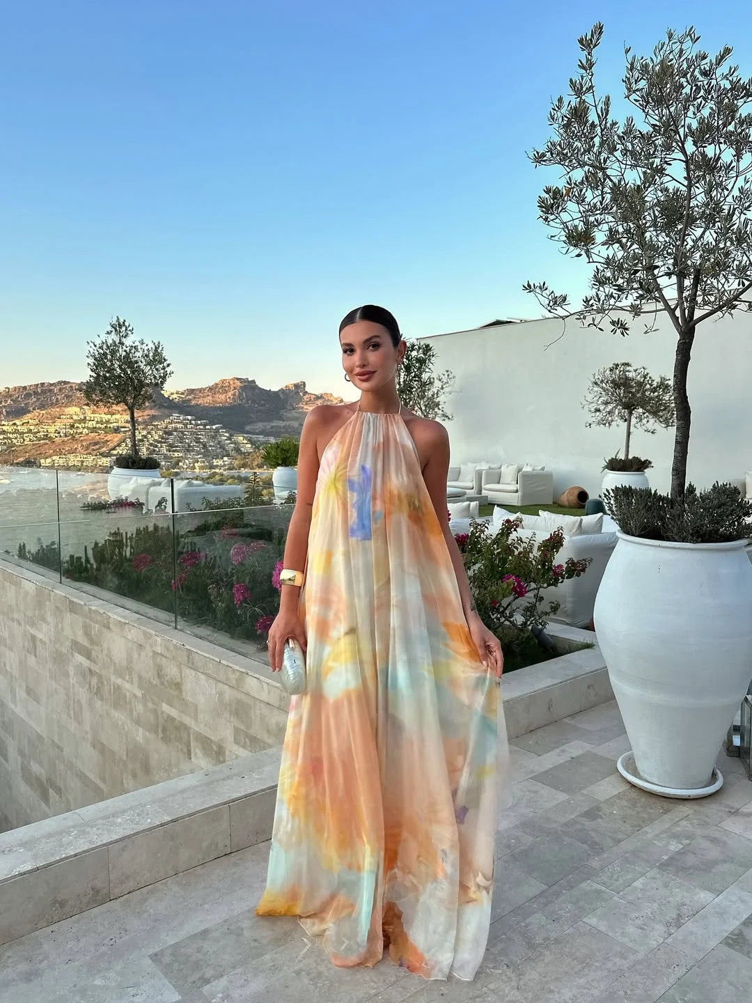 Women's vibrant printed backless dress | Elegant summer evening gown 0